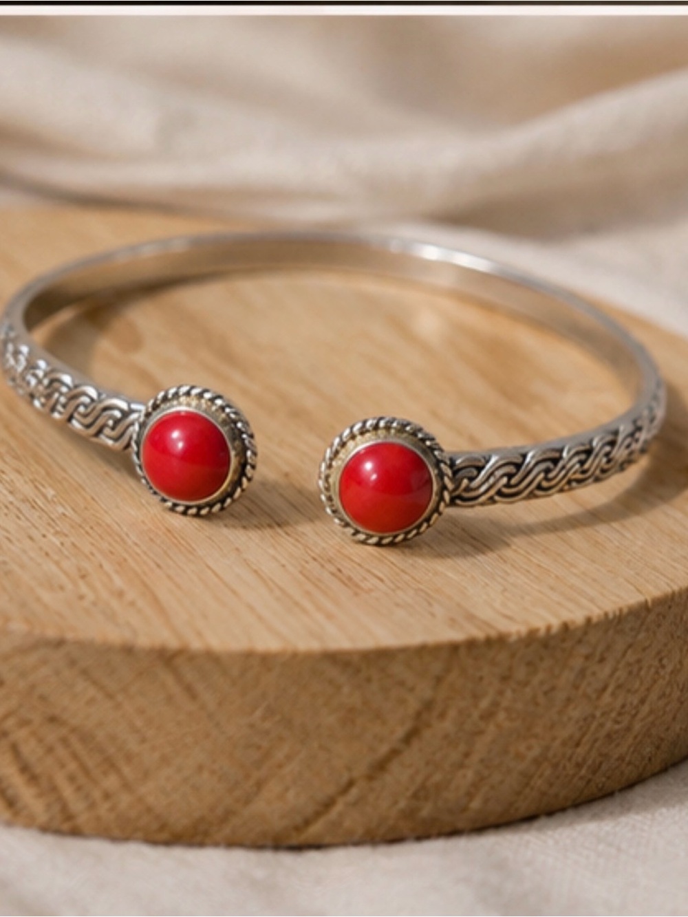 Silver-Tone Open Cuff Bracelet with Red Stone Accents